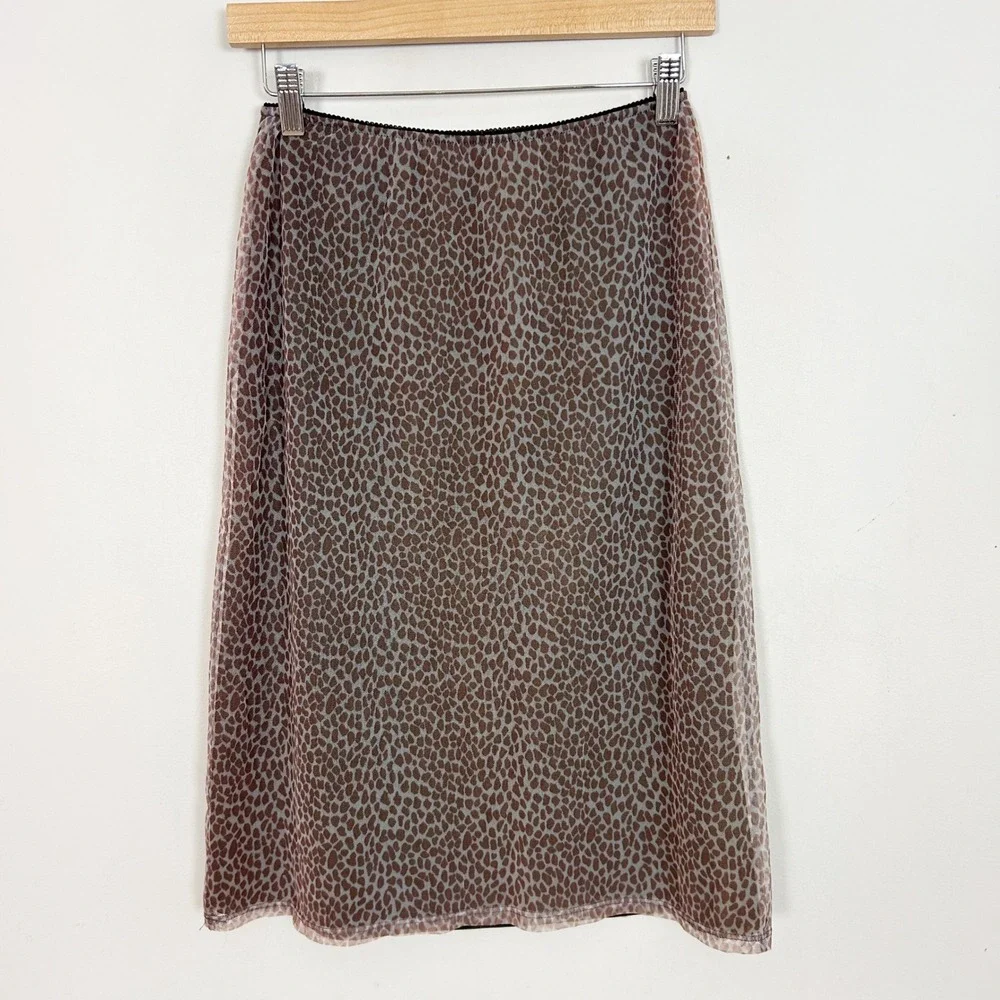 Eitie Y2K Sheer Mesh Overlay Animal Print Midi Skirt Brown Tan Size Small